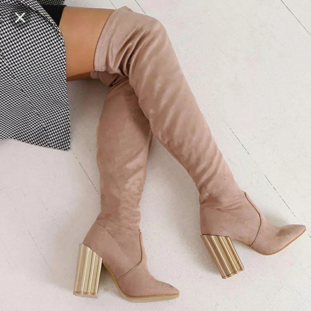 Nude Over the Knee Boots with Gold Heel